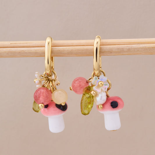 Colorful Mushroom Charm Hoop Earrings