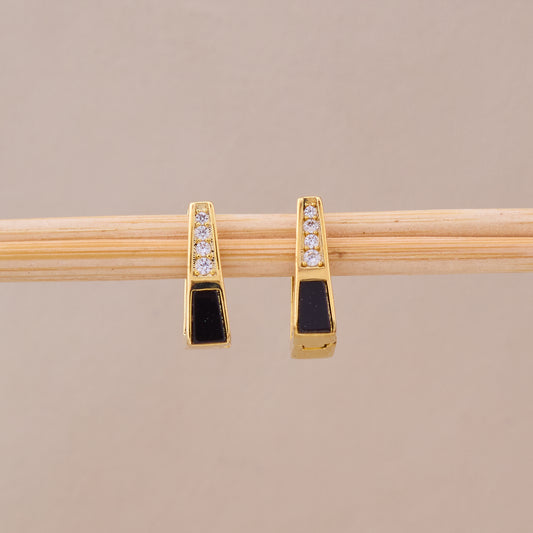 Gold Black Enamel & Crystal Hoop Earrings