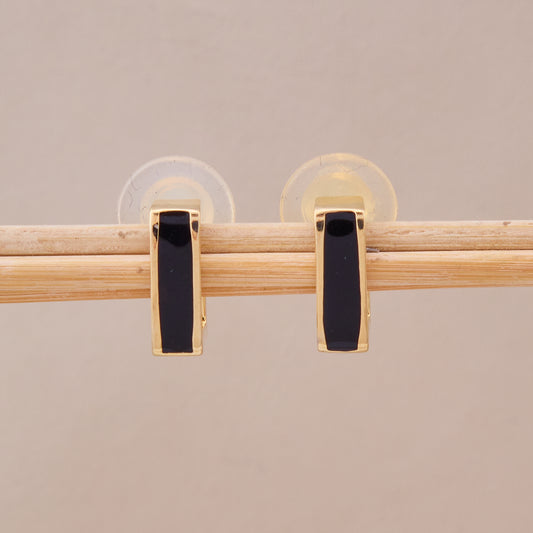 Gold Black Enamel Square Stud Earrings