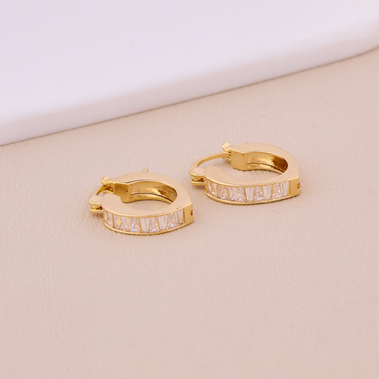 Gold Heart Hoop Earrings with Baguette-Cut CZ Stones