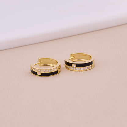 Gold & Black Enamel Hoop Earrings