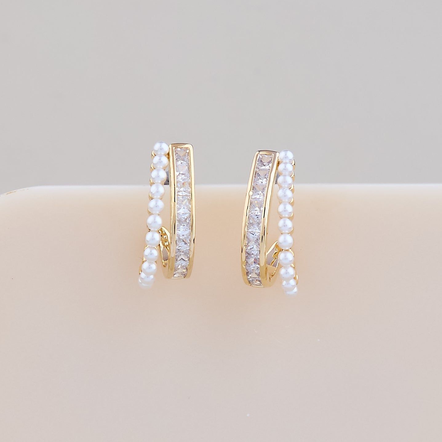 Elegant Gold Hoop Earrings with Pearl Beads & Sparkling CZ Stones