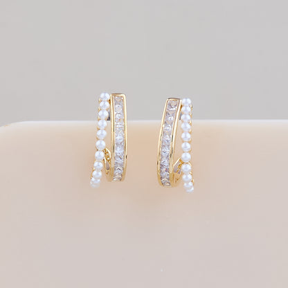 Elegant Gold Hoop Earrings with Pearl Beads & Sparkling CZ Stones