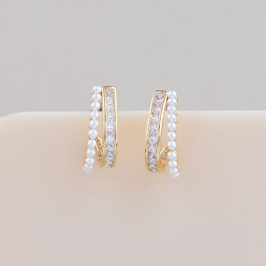Elegant Gold Hoop Earrings with Pearl Beads & Sparkling CZ Stones