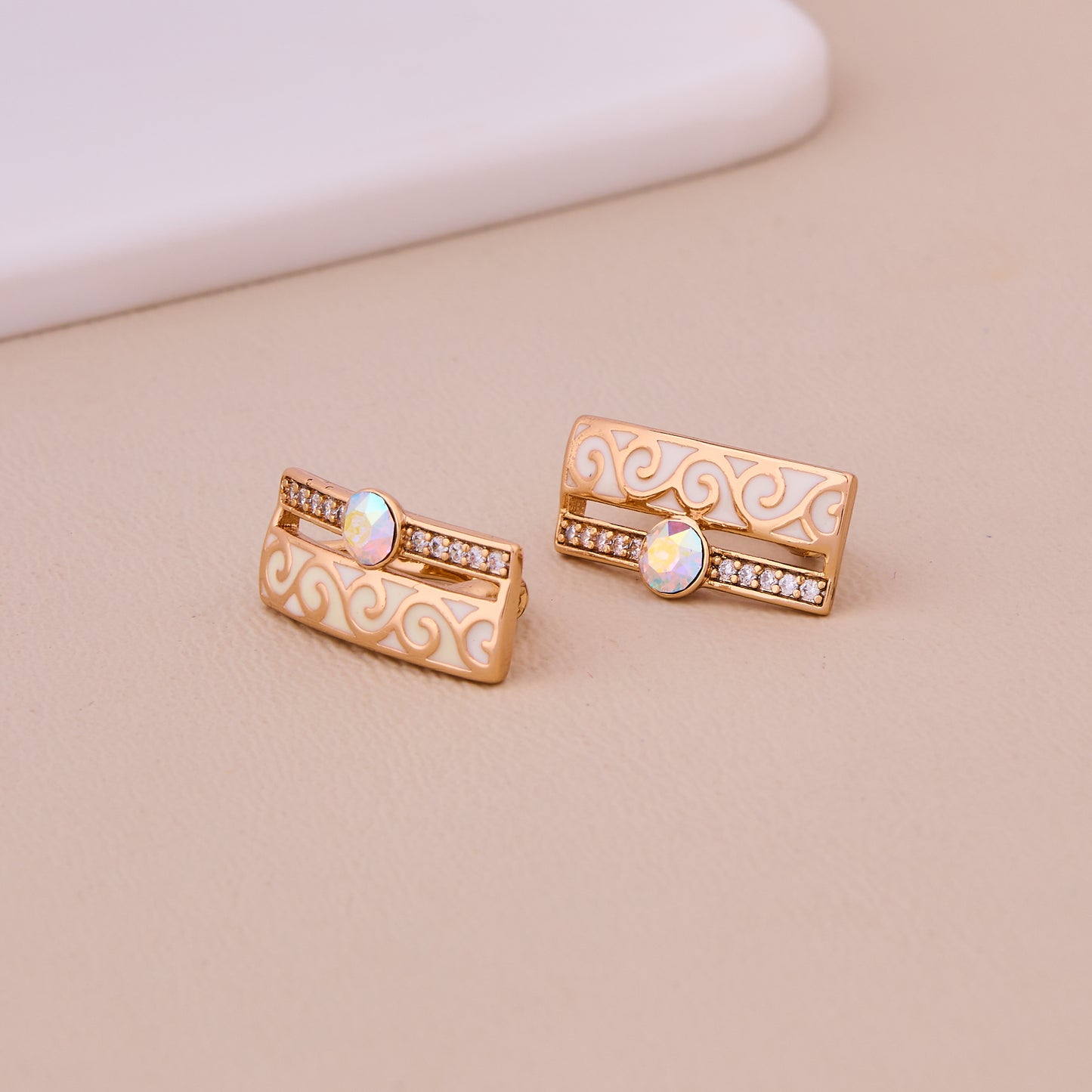 Gold Enamel Opal Stud Earrings