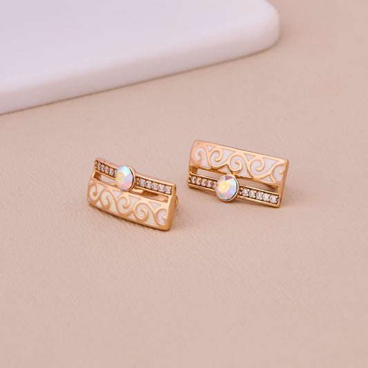 Gold Enamel Opal Stud Earrings