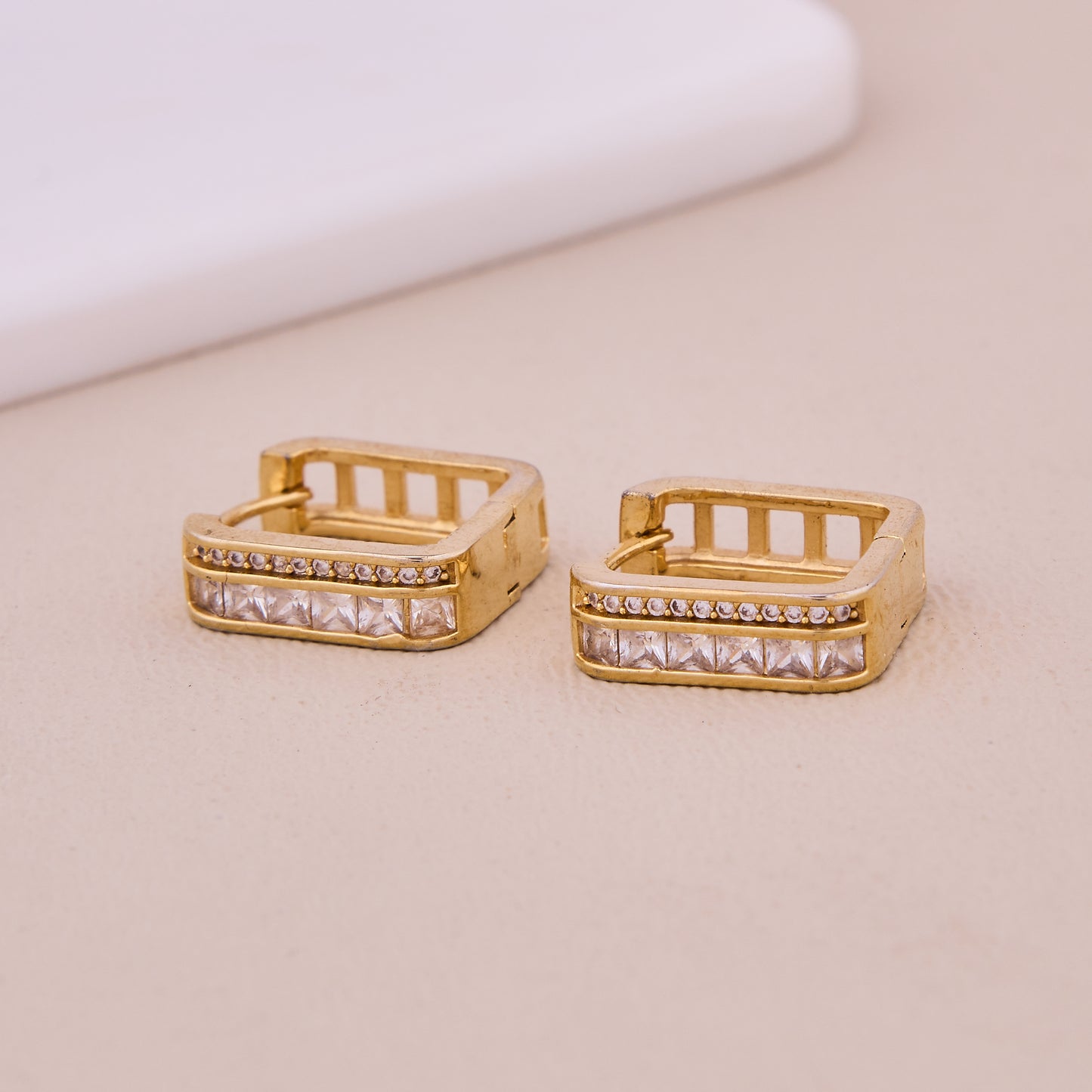 Gold Square-Cut Stone Hoop Earrings