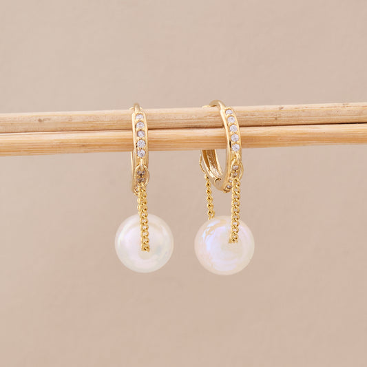Gold Hoop Earrings with Pearl Drop & CZ Accents