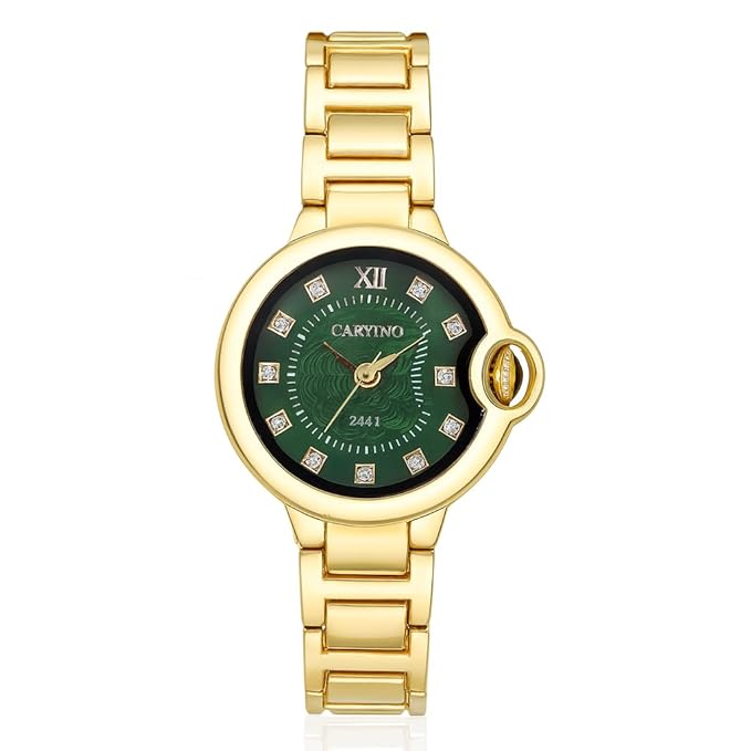 Gold-Tone Green Dial Watch with Crystal Hour Markers for Women