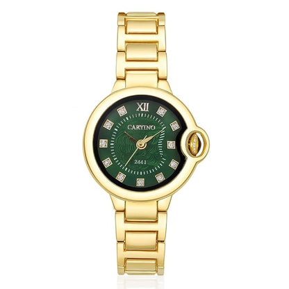 Gold-Tone Green Dial Watch with Crystal Hour Markers for Women