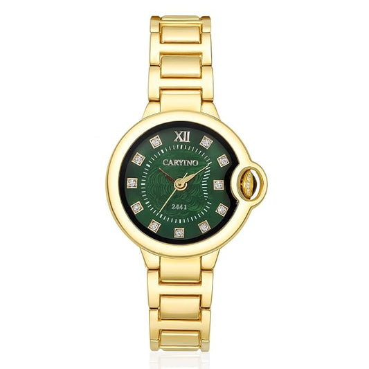 Gold-Tone Green Dial Watch with Crystal Hour Markers for Women