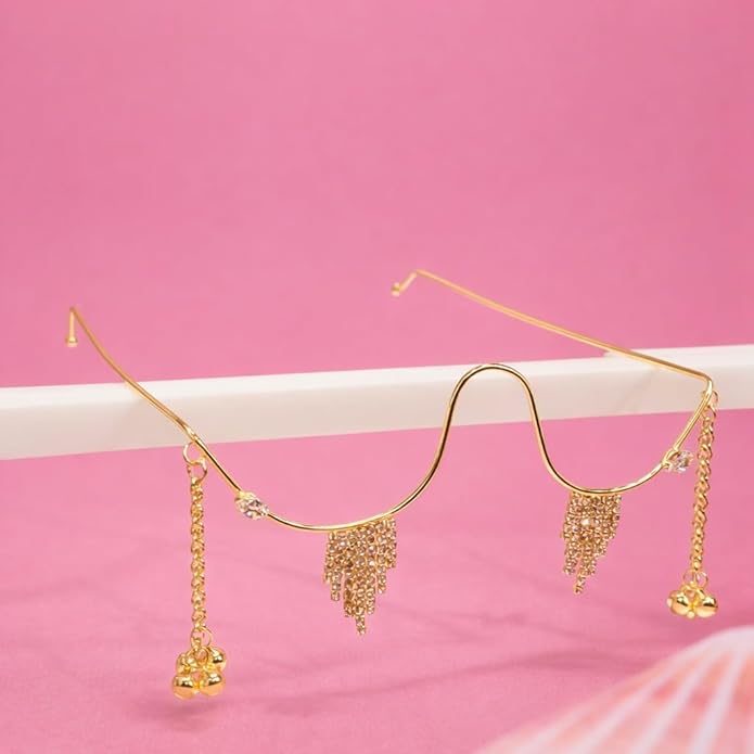 Gold Plated Facelet Jewelry with Cubic Zirconia Luxury Bridal Face Accessory with Hanging Charms