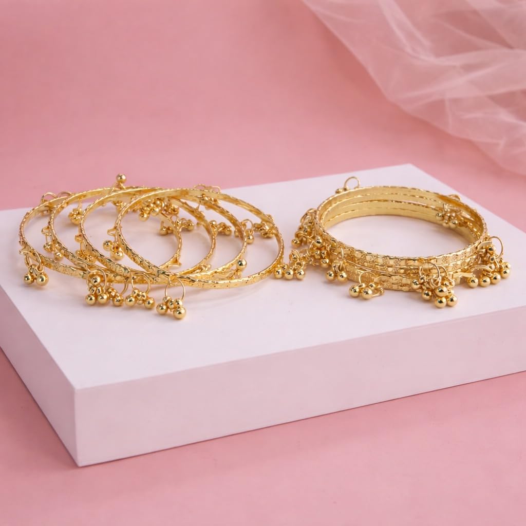 Traditional Gold Plated Kashmiri Textured Bangle Set for Women | Designer Ghunghru Charm Bangles | Premium Kashmiri Jewellery (Set of 8)