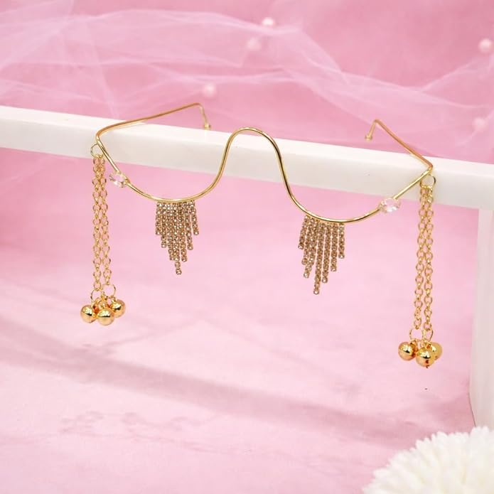 Gold Plated Facelet Jewelry with Cubic Zirconia Luxury Bridal Face Accessory with Hanging Charms