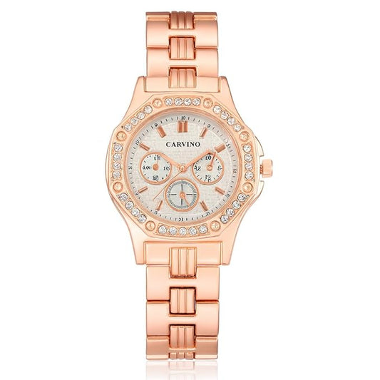 Bold Chronograph Rose Gold Watch with white Dial & Crystal Bezel for Women