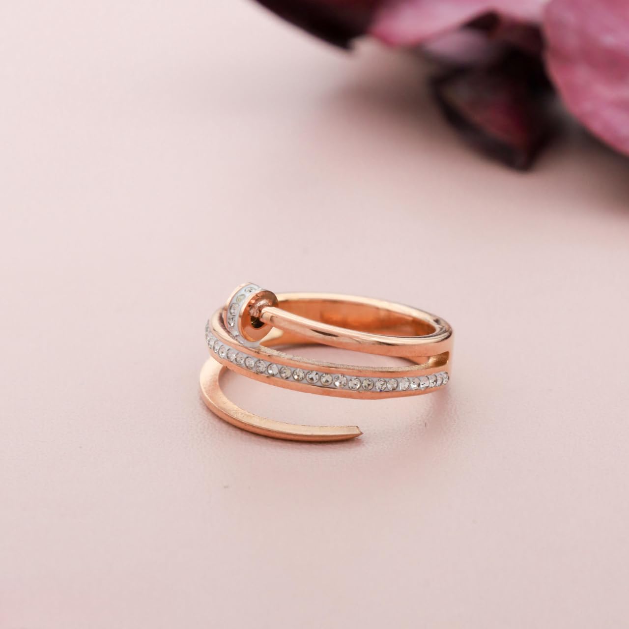 Modern Rose Gold Plated Nail Shaped Ring with Sparkling Diamonds