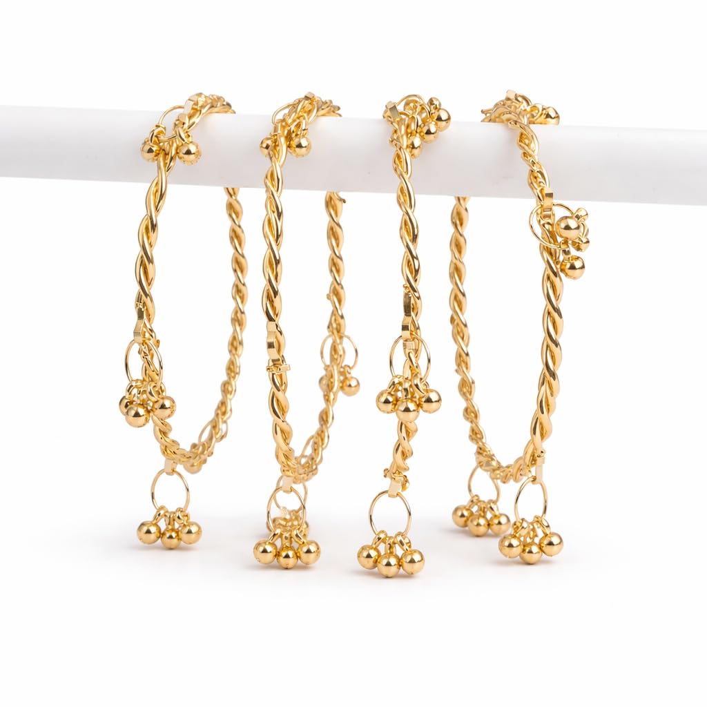 Traditional Gold Plated Rope Textured Kashmiri Bangle Set for Women | Designer Ghunghru Charm Bangles | Ethnic Kashmiri Jewellery (Set of 4)