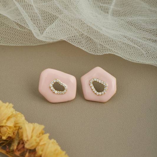 Blush Pink Geometric Stud Earrings with Crystal-Studded Center for Women & Girls