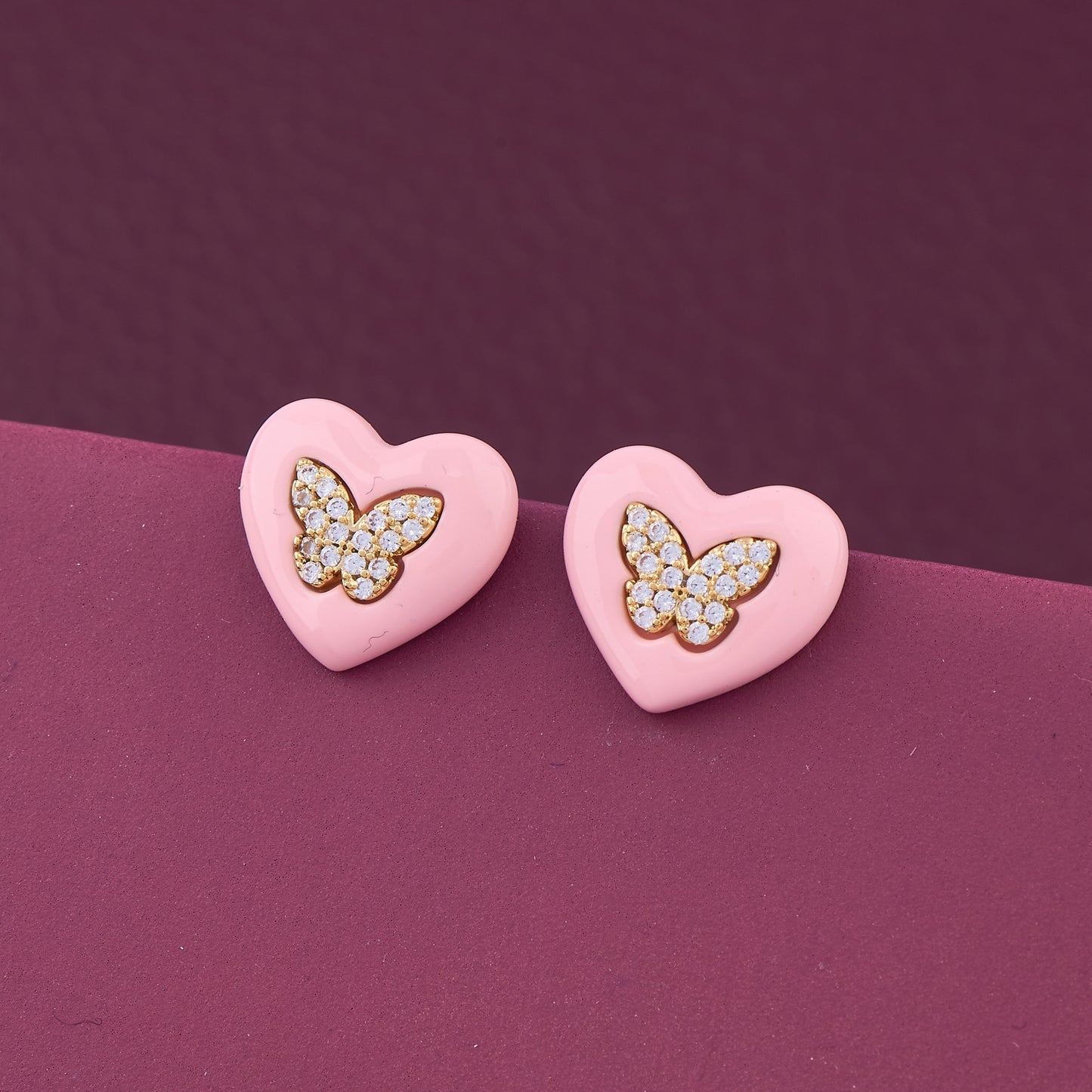 Pink Heart & Butterfly Diamond Earrings
