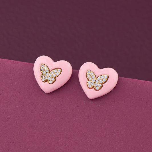 Pink Heart & Butterfly Diamond Earrings