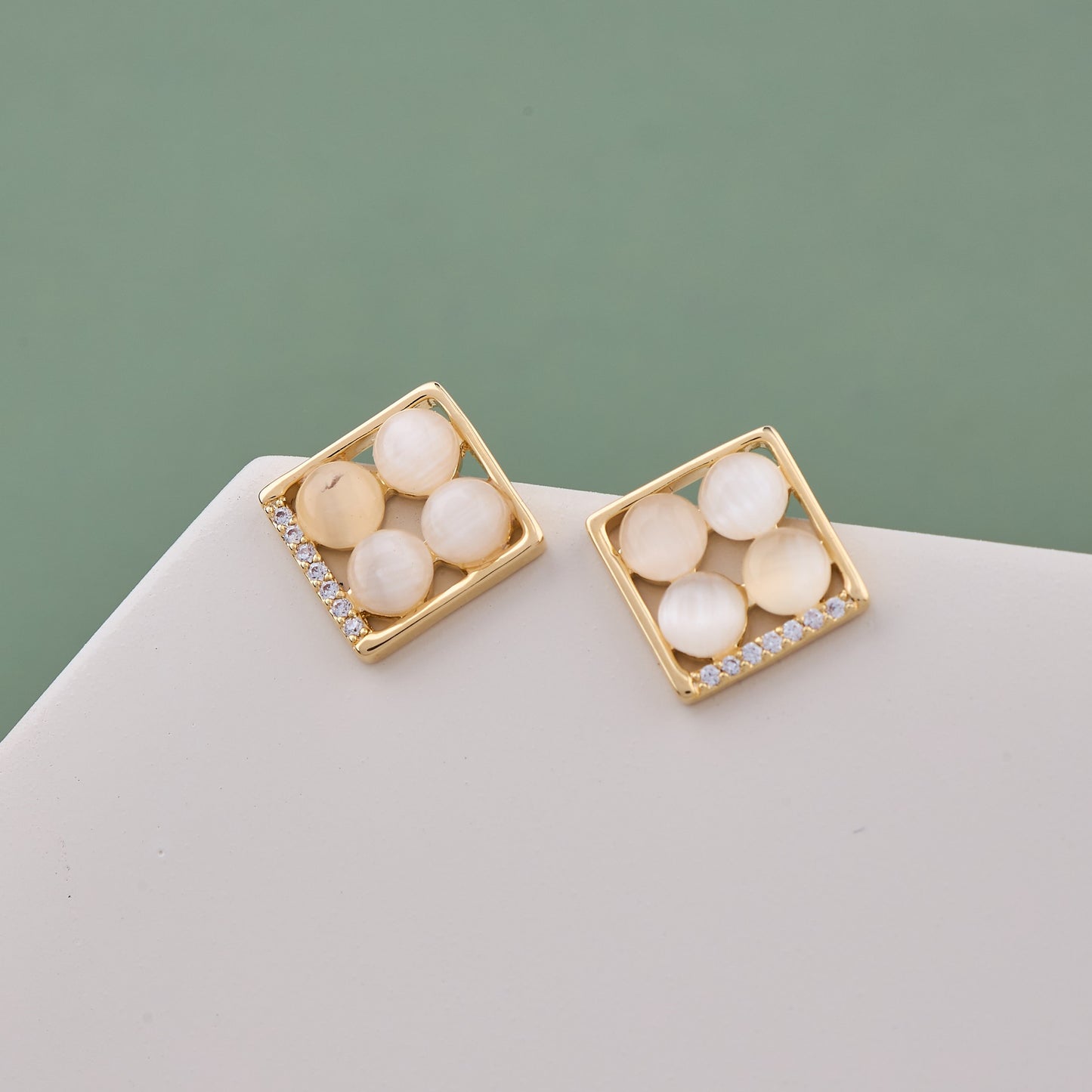 Gold Earrings with Square White Stones