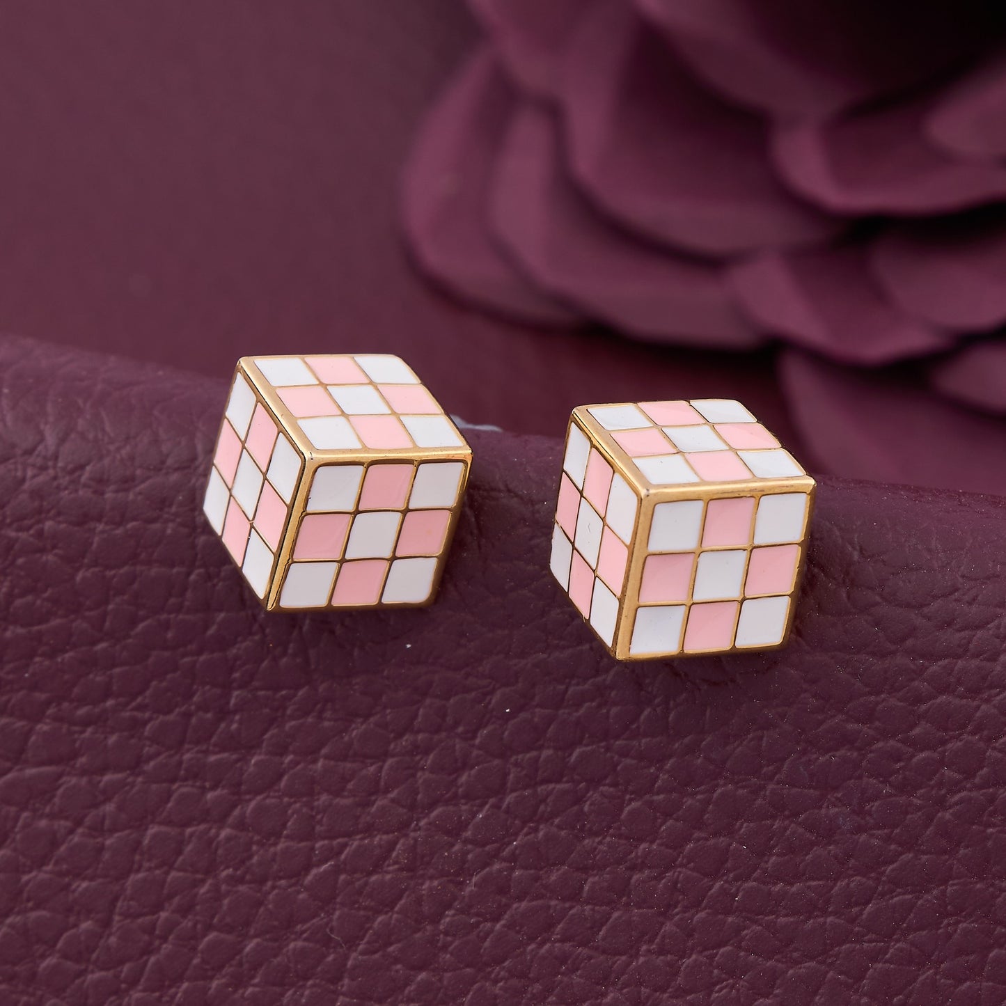 Violet Elegance Pink N White Check Earrings