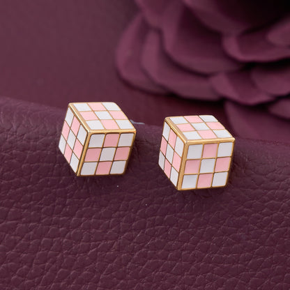 Violet Elegance Pink N White Check Earrings