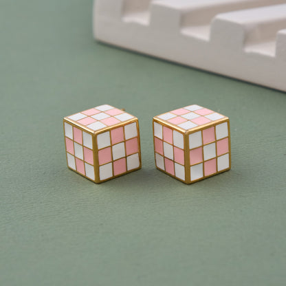 Violet Elegance Pink N White Check Earrings