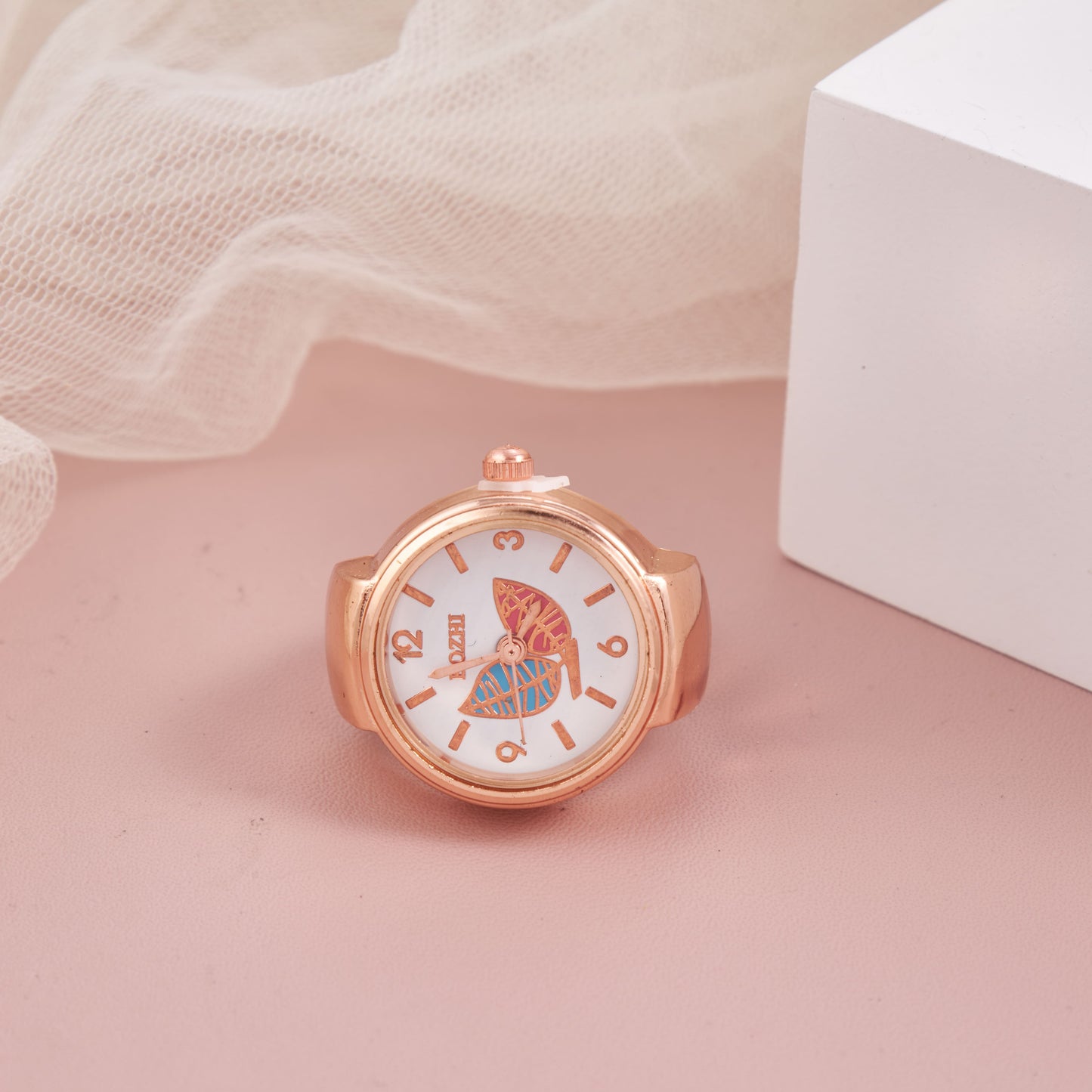 Trendy Rose Gold Ring Watch with Artistic Dial – Stylish & Adjustable