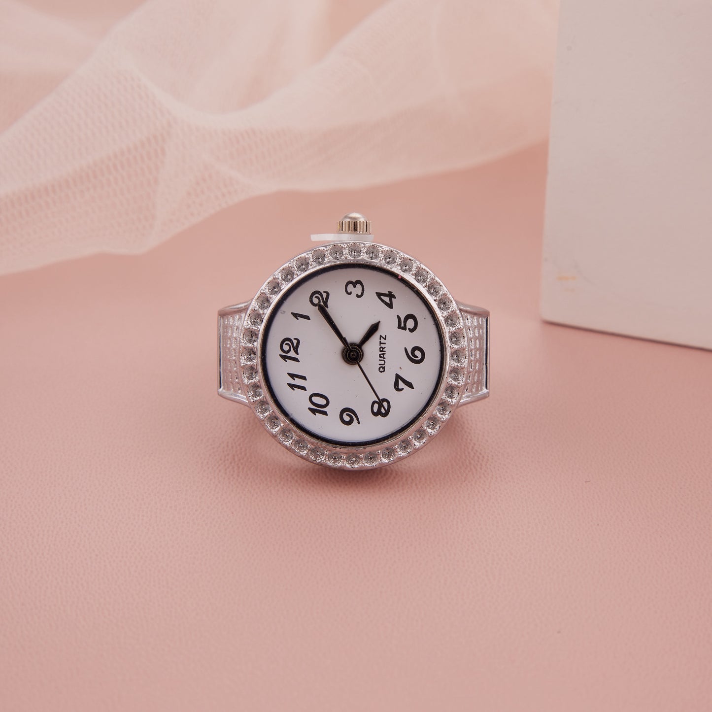 Premium Silver Toned Crystal Studded Round Dial Ring Watch for Women