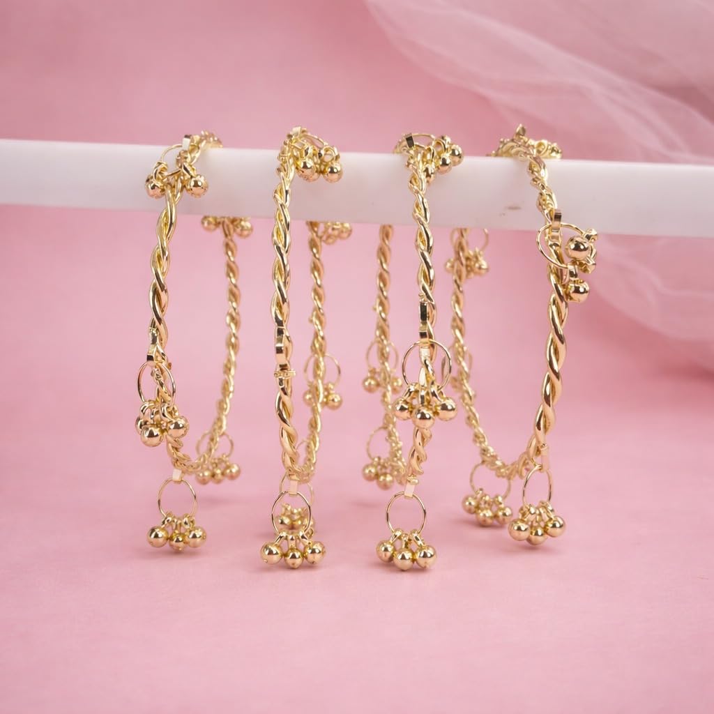 Traditional Gold Plated Rope Textured Kashmiri Bangle Set for Women | Designer Ghunghru Charm Bangles | Ethnic Kashmiri Jewellery (Set of 4)