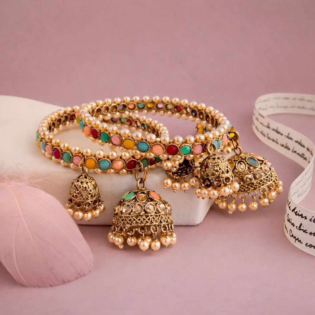 Traditional Gold Plated Colorful Kundan & Pearl Bangle Set for Women | Designer Multicolor Stone Bangles with Pearl Hanging Charm | Ethnic Jewellery (Set of 2)