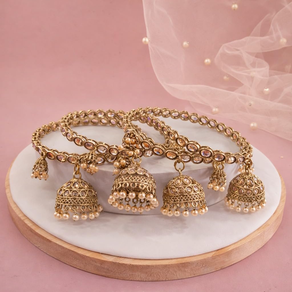 Traditional Gold Plated Oval Kundan & Pearl Bangle Set for Women | Designer Stone Bangles with Pearl Hanging Charm | Traditional Jewellery (Set of 4)