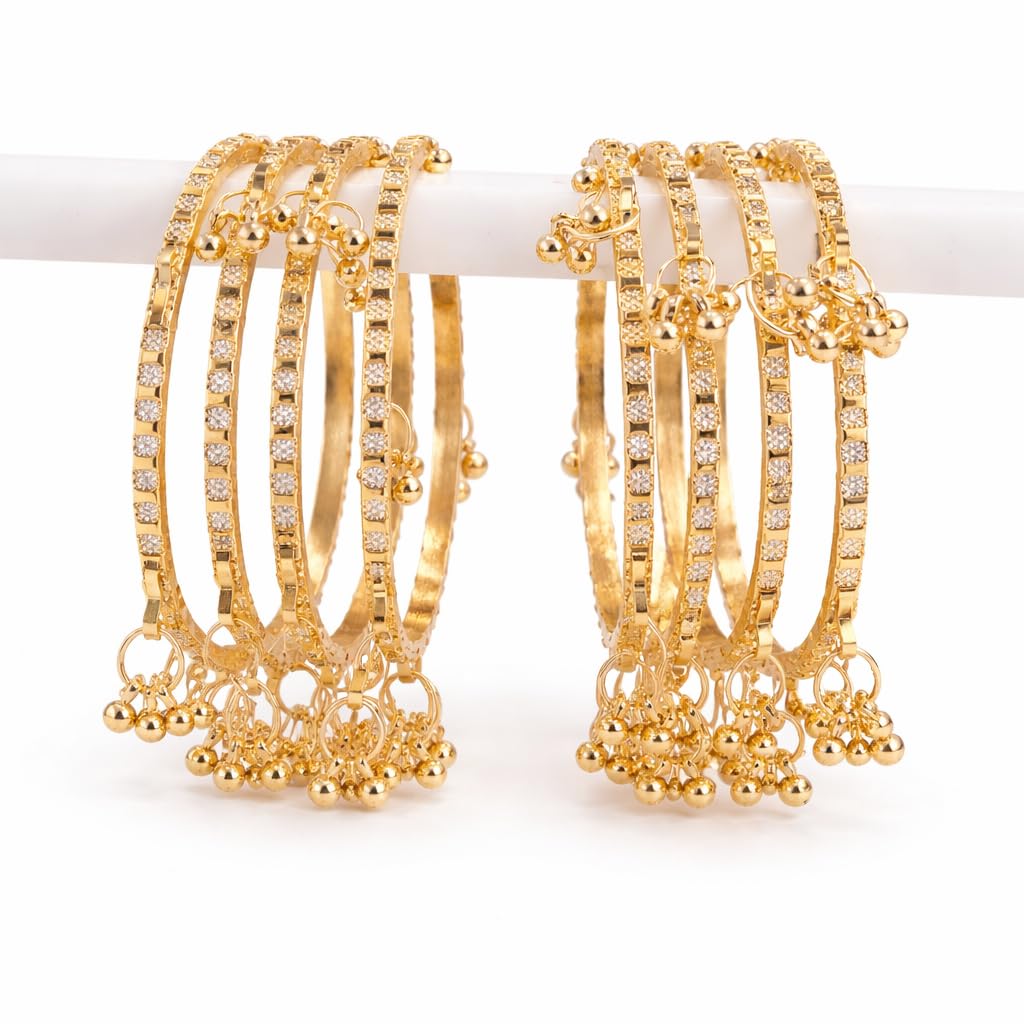 Traditional Gold Plated Kashmiri Textured Bangle Set for Women | Designer Ghunghru Charm Bangles | Premium Kashmiri Jewellery (Set of 8)
