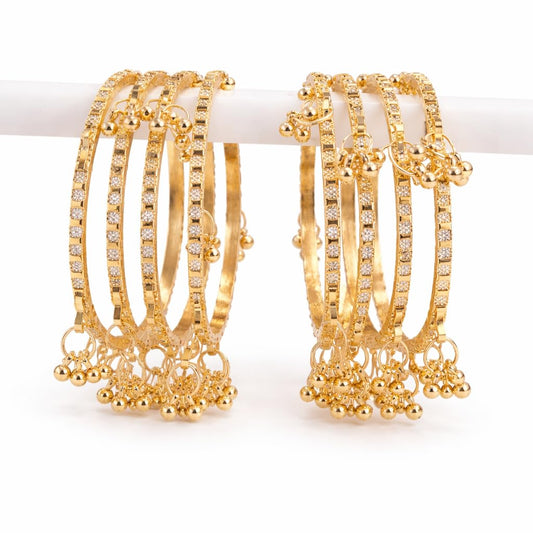 Traditional Gold Plated Kashmiri Textured Bangle Set for Women | Designer Ghunghru Charm Bangles | Premium Kashmiri Jewellery (Set of 8)