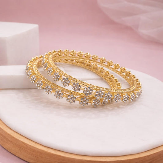 Minimalist Gold Plated Floral CZ Bangle Set for Women | Elegant Flower Designer Cubic Zirconia Bangles | Ethnic Occasion & Party Fashion Jewellery (Set of 2)