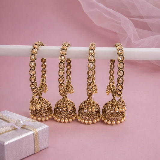 Traditional Gold Plated Oval Kundan & Pearl Bangle Set for Women | Designer Stone Bangles with Pearl Hanging Charm | Traditional Jewellery (Set of 4)