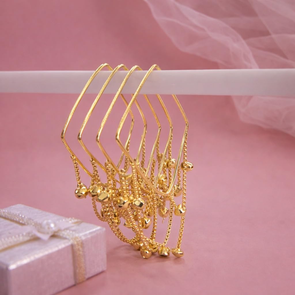 Stylish Gold Plated Ghunghru Tassel Square Shape Bangle Set for Women | Designer Cable Chain Charm Bangles | Party, Festive & Ethnic Traditional Jewellery (Set of 4)