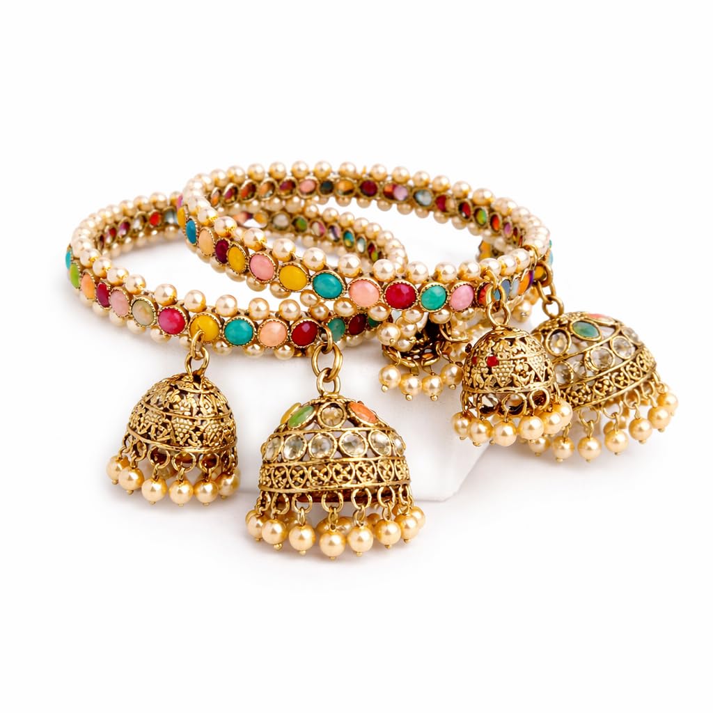 Traditional Gold Plated Colorful Kundan & Pearl Bangle Set for Women | Designer Multicolor Stone Bangles with Pearl Hanging Charm | Ethnic Jewellery (Set of 2)