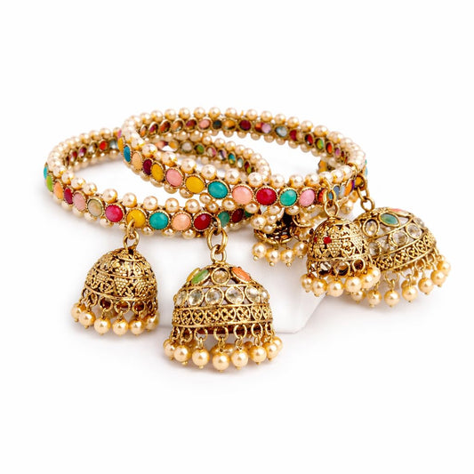 Traditional Gold Plated Colorful Kundan & Pearl Bangle Set for Women | Designer Multicolor Stone Bangles with Pearl Hanging Charm | Ethnic Jewellery (Set of 2)