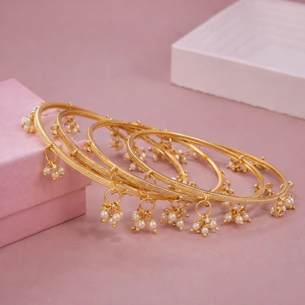 Traditional Gold Plated Textured Kashmiri Pearl Bangle Set for Women | Designer Pearl Charm Bangles | Traditional Kashmiri Fashion Jewellery (Set of 4)