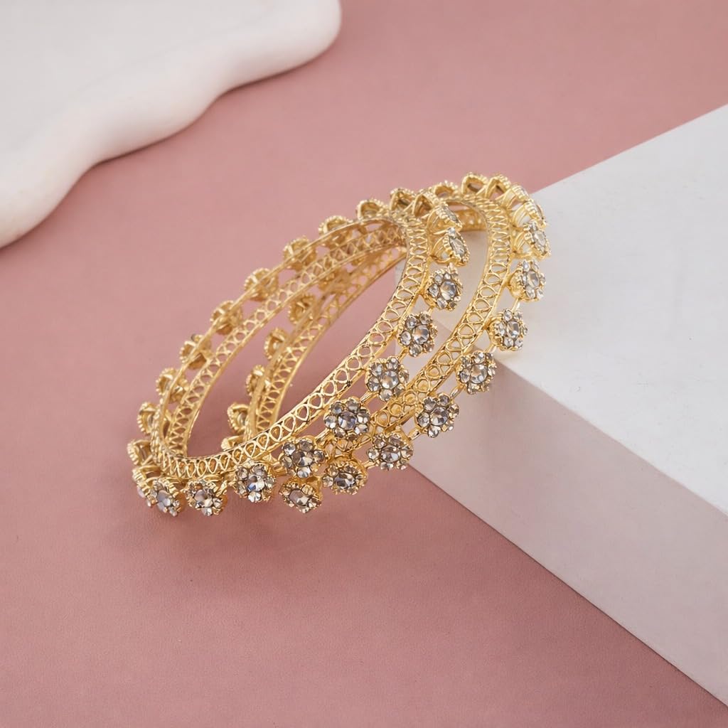 Minimalist Gold Plated Floral CZ Bangle Set for Women | Elegant Flower Designer Cubic Zirconia Bangles | Ethnic Occasion & Party Fashion Jewellery (Set of 2)