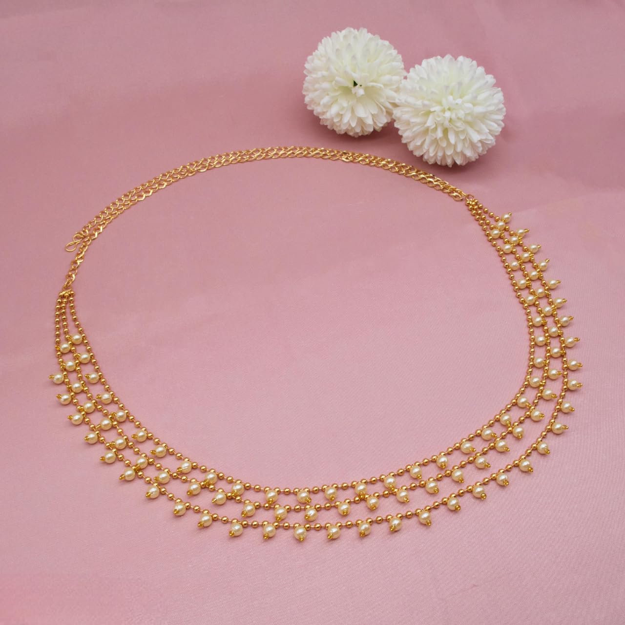 Traditional Golden Beads Waist Hip Chains Kamarband with Pearl Drops Ethnic Waist Chain Saree Vaddanam for Women & Girls