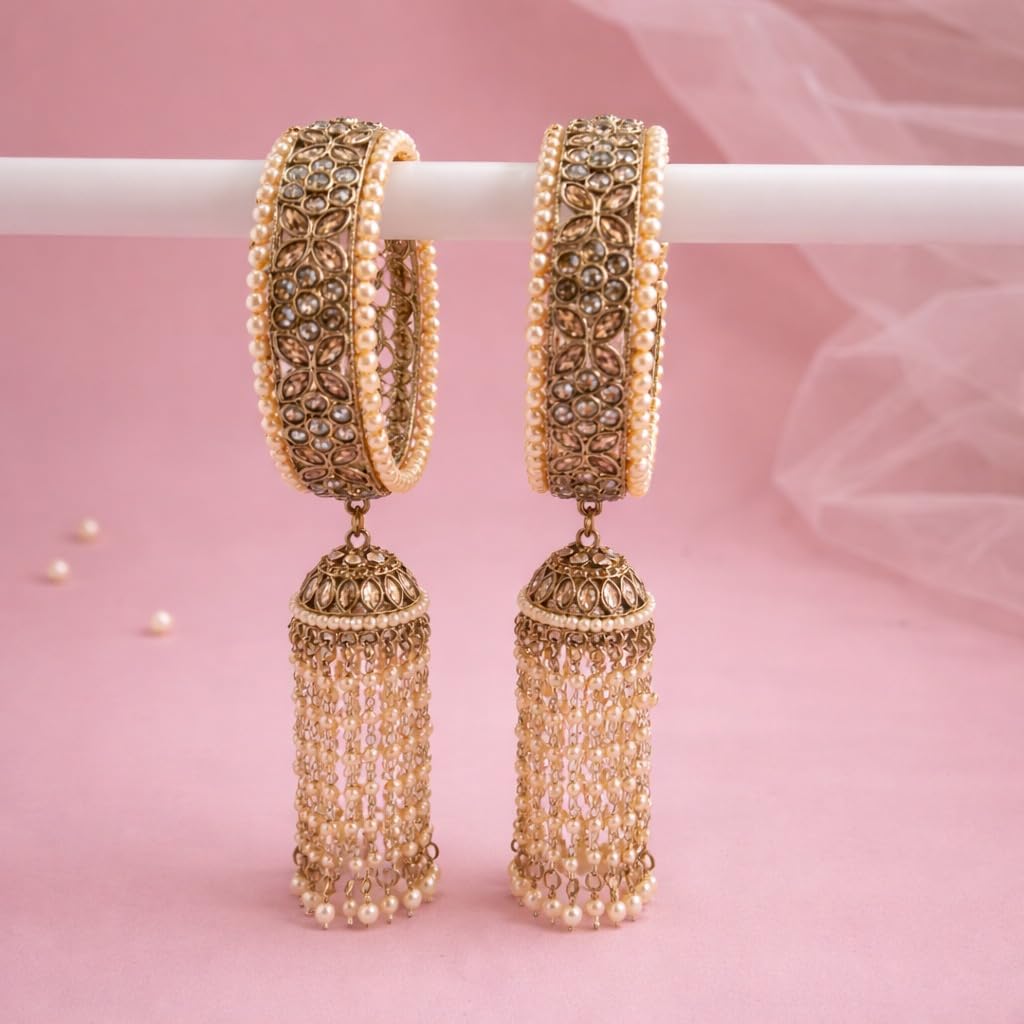 Traditional Gold Plated Kundan & Pearl Bangle Set for Women | Designer Pearl Hanging Charm Bangles | Bridal, Wedding & Festive Traditional Jewellery (Set of 2)