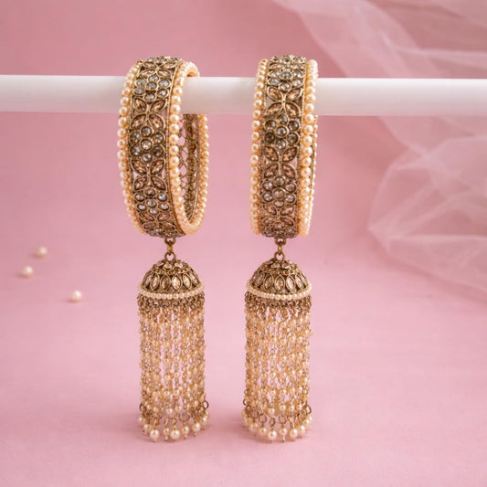 Traditional Gold Plated Kundan & Pearl Bangle Set for Women | Designer Pearl Hanging Charm Bangles | Bridal, Wedding & Festive Traditional Jewellery (Set of 2)