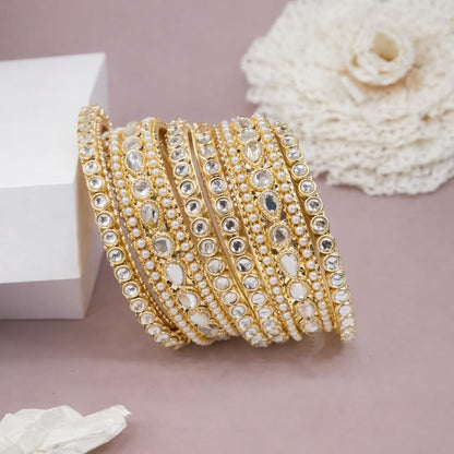 Traditional Gold Plated Kundan & Pearl Bangle Set for Women | Round & Teardrop Stone Designer Bangles | Ethnic Wedding, Festive & Party Fashion Jewellery (Set of 6)