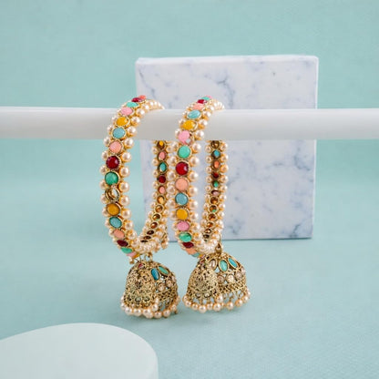 Traditional Gold Plated Colorful Kundan & Pearl Bangle Set for Women | Designer Multicolor Stone Bangles with Pearl Hanging Charm | Ethnic Jewellery (Set of 2)
