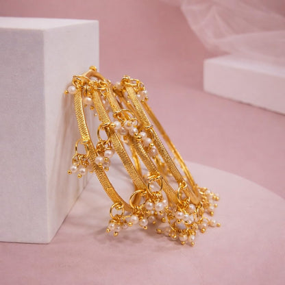 Traditional Gold Plated Textured Kashmiri Pearl Bangle Set for Women | Designer Pearl Charm Bangles | Traditional Kashmiri Fashion Jewellery (Set of 4)