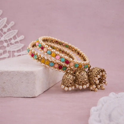 Traditional Gold Plated Colorful Kundan & Pearl Bangle Set for Women | Designer Multicolor Stone Bangles with Pearl Hanging Charm | Ethnic Jewellery (Set of 2)