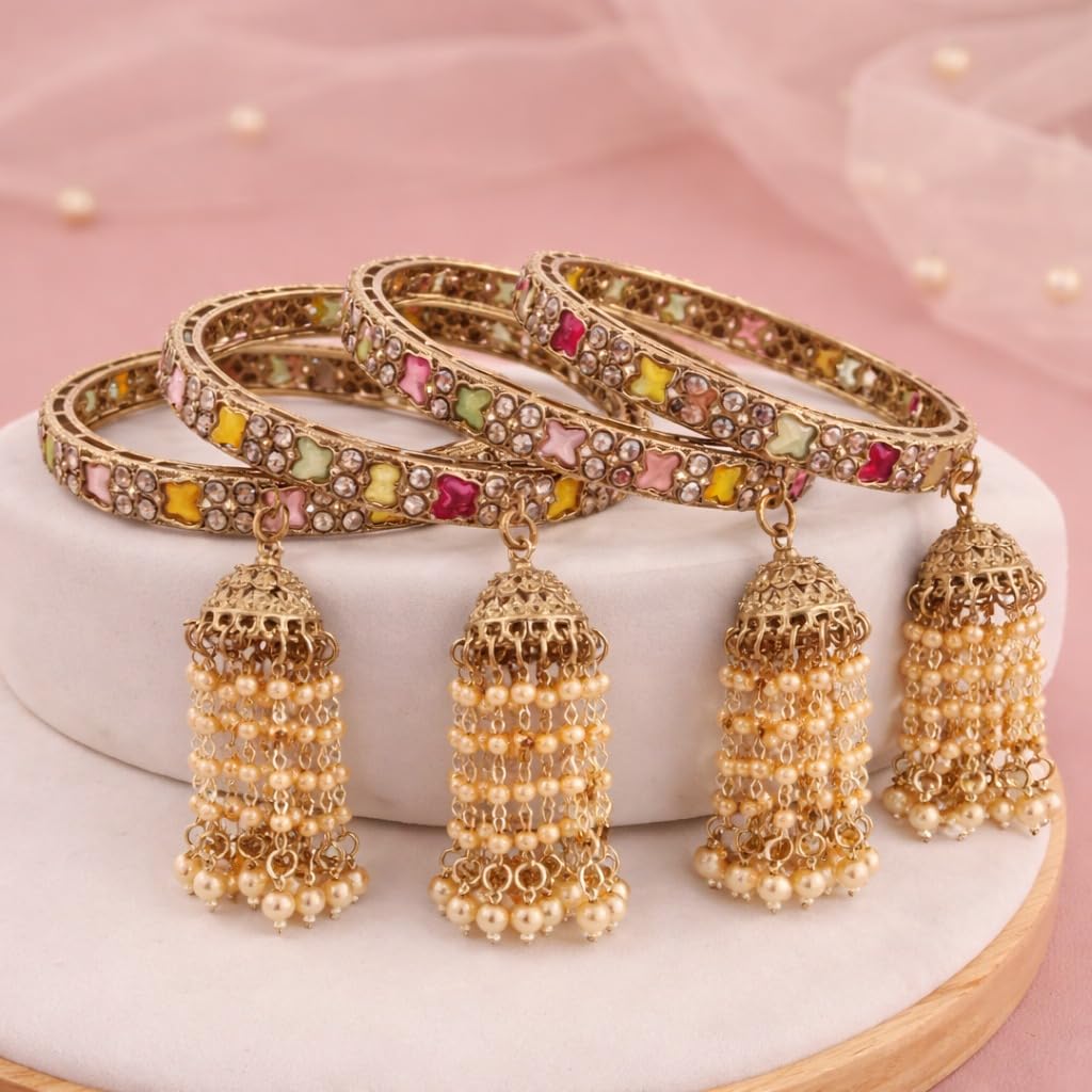 Traditional Gold Plated Colorful Kundan CZ & Pearl Bangle Set for Women | Designer Multicolor Stone Bangles with Pearl Hanging Charm | Traditional Jewellery (Set of 4)